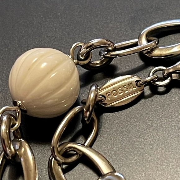 Fossil Sterling Silver Link Bracelet with White Ceramic Beads (NWOT) - Picture 5 of 6